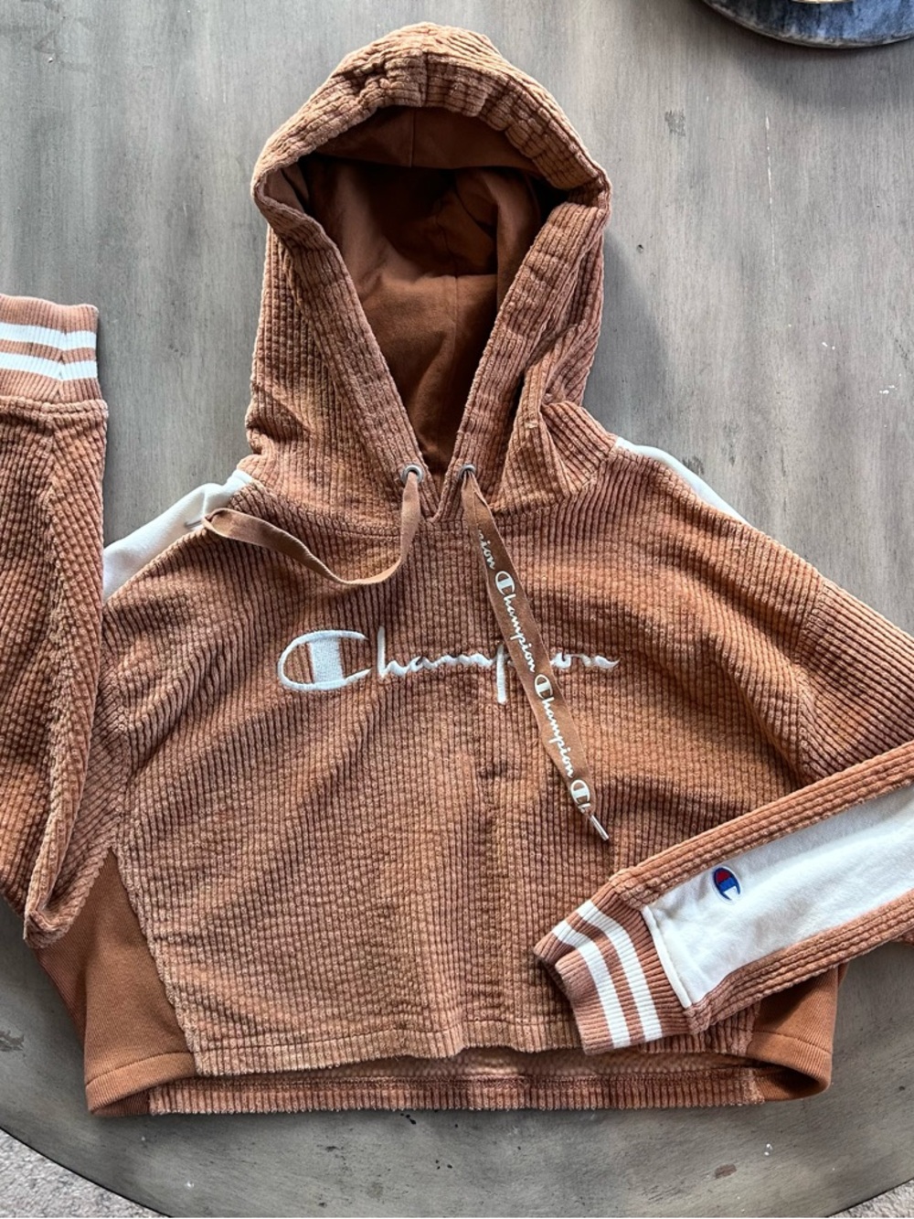 Champion Rust Brown Cropped Corduroy Hoodie with White Panels